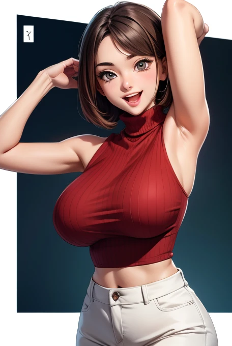 Woman, 30 years, sleeveless turtleneck shirt, short shorts and belt, adult, red, saliva dripping, hot wet woman, NSFW, from above