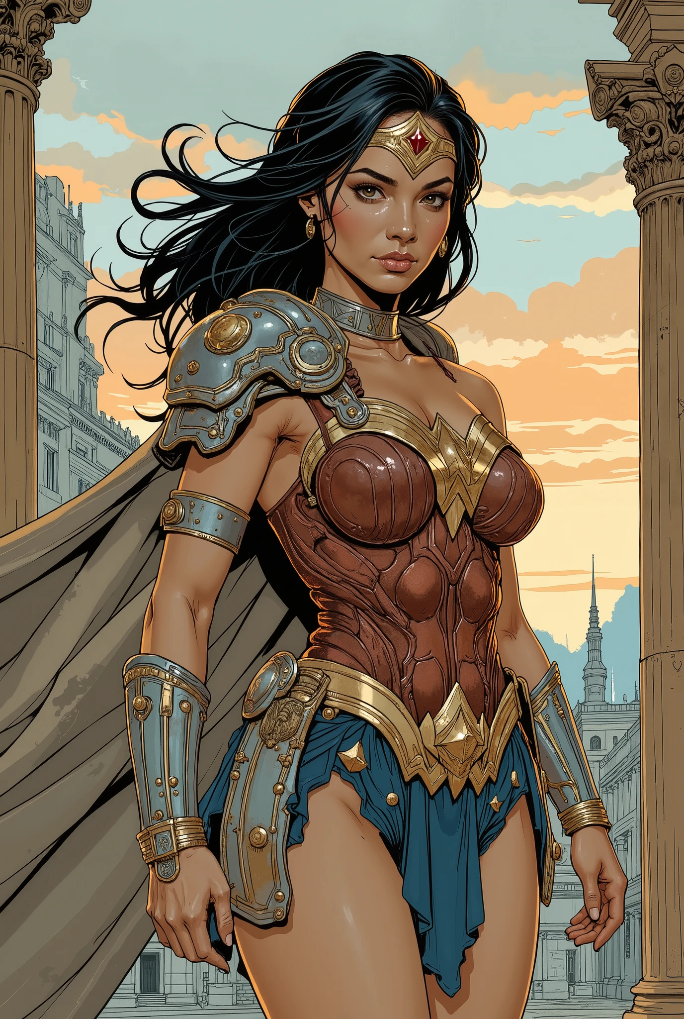 (masterpiece, top quality, best quality, official art, beautiful and aesthetic:1.2), (1girl:1.3), dark brown hair in a huge ponytail, extremely detailed, portrait, looking at viewer, solo, (full body:0.6), detailed background, close up, (hot summer coliseum theme:1.1), human gladiatrix, charlatan, mysterious, walking in forest, revealing bronze gladiator armor, spear and shield, metal bikini, topless, tits out, brown leather, cowl, cloak, bracers, armor, gauntlets, helmet, facemask, long boots, buckles, straps, light grey fabric, brown leather, gigantic breasts, cleavage, skindentation, slim waist, slim hips, long legs, medieval (coliseum arena exterior:1.1) background, dark mysterious lighting, shadows, magical atmosphere, dutch angle, (((Balsamique)))