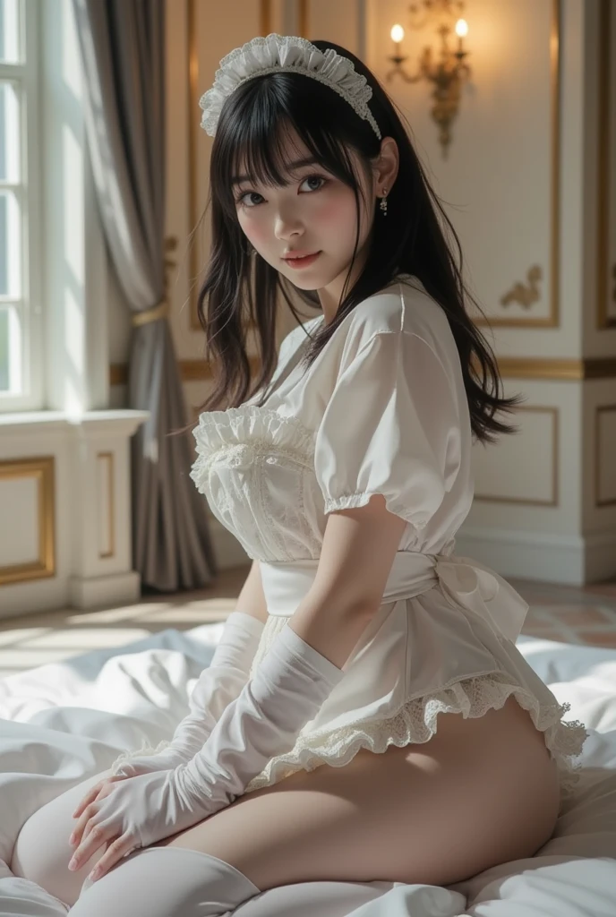 masterpiece, top-quality, Detailed details, Detailed landscapes, beatiful lights, Beautiful Shadows,girl with,((Lying)), (Stand on one knee),close leg leg)),28 year old,Black eyes,Bewitching look,Challenging look,a miniskirt,Slit skirt,(Maid appearance),Clothes that have fallen apart, detailed skin textures, Tyndall effect,mansion,Bedroom,a bed,antique,Candlelight