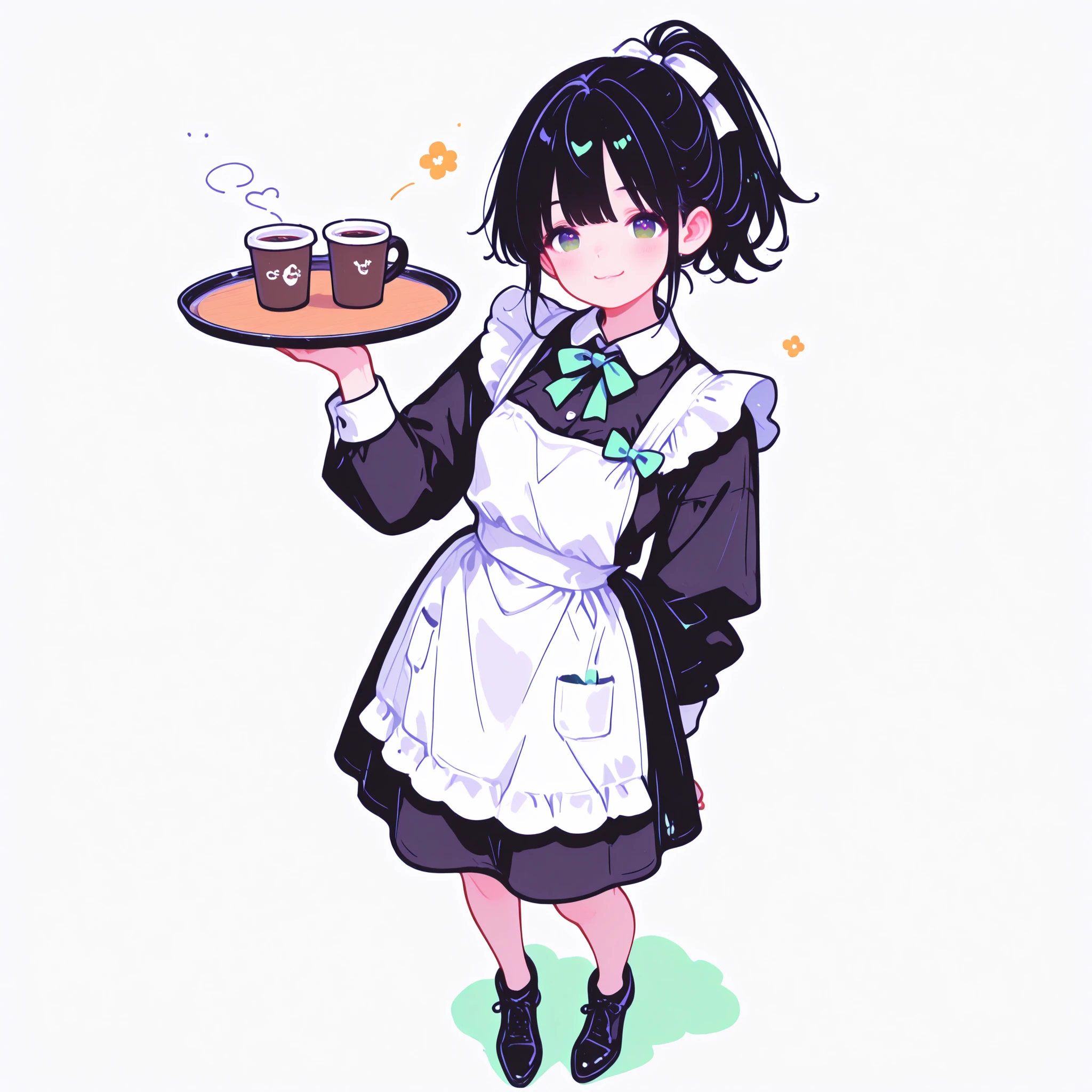 masterpiece, best quality, ultra detailed, high resolution, intricate details, sharp focus, smooth shading, professional lighting, vivid colors, clean lineart, anatomically correct, beautifully detailed eyes, no artifacts, 1girl, full body in frame, white background, black hair in a neat ponytail, polite smile, dark green eyes, wearing a waitress uniform (e.g., black dress, white apron, small bow tie), holding a tray with a coffee cup, black low-heeled shoes, slightly high angle, ready to serve