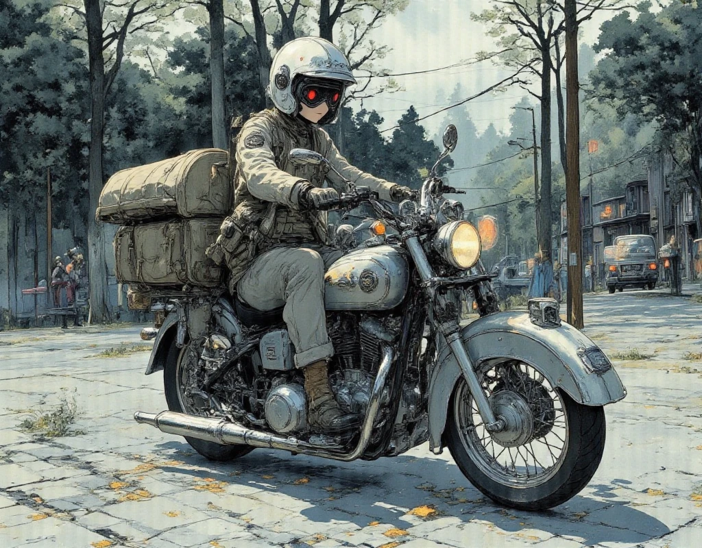 a man riding a motorcycle, creepy, post-apocalypse, absurdres, by dzawadzki