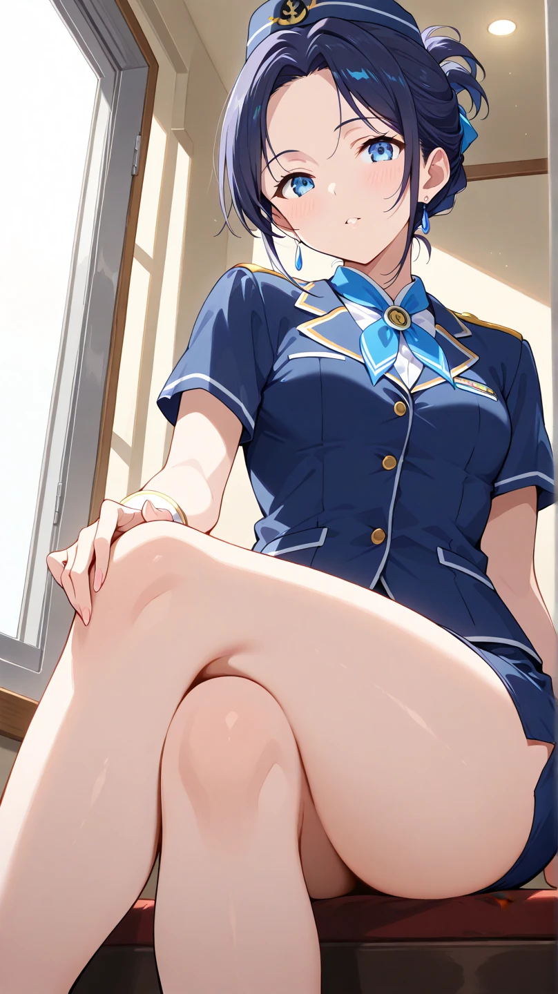 brown hair,short hair,(white headband), white shirt, bow, (blue vest), pleated skirt,Backpack, fingerless gloves, socks,(white panty),(cameltoe:1.3),sitting,spread legs,legs up,panty shot,sweat,smaile,open mouth,wink,masterpiece,Noise Reduction,perfect anatomy,high resolution, ultra-detailed, ultra-detailed face,game cg,dutch angle ,beautiful detailed eyes,visualart,five fingers, perfect hands, perfect lighting,