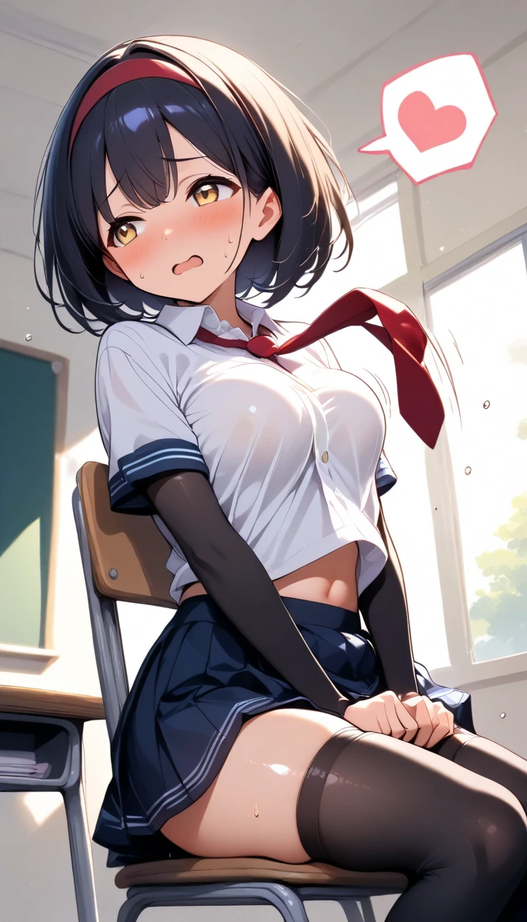 nsfw,alone, (One girl), Elementary school girl,8-year-old, sexy, (Cowboy Shot), (wearing only the top half of sailor school uniform)、 ((Put your arms behind your head)), classroom, With a girl:hair is black and short, Her face is round and cute, Black Hair, short hair,(Shy, Embarrassing),(Sit on a chair)、Spread your legs、Beautiful nipples,Small breasts、(bukkake,Bukkake),((cum on bodybukkake,cum in Pussy,creampie)),Black thigh-high socks、((Drooling,drool)),