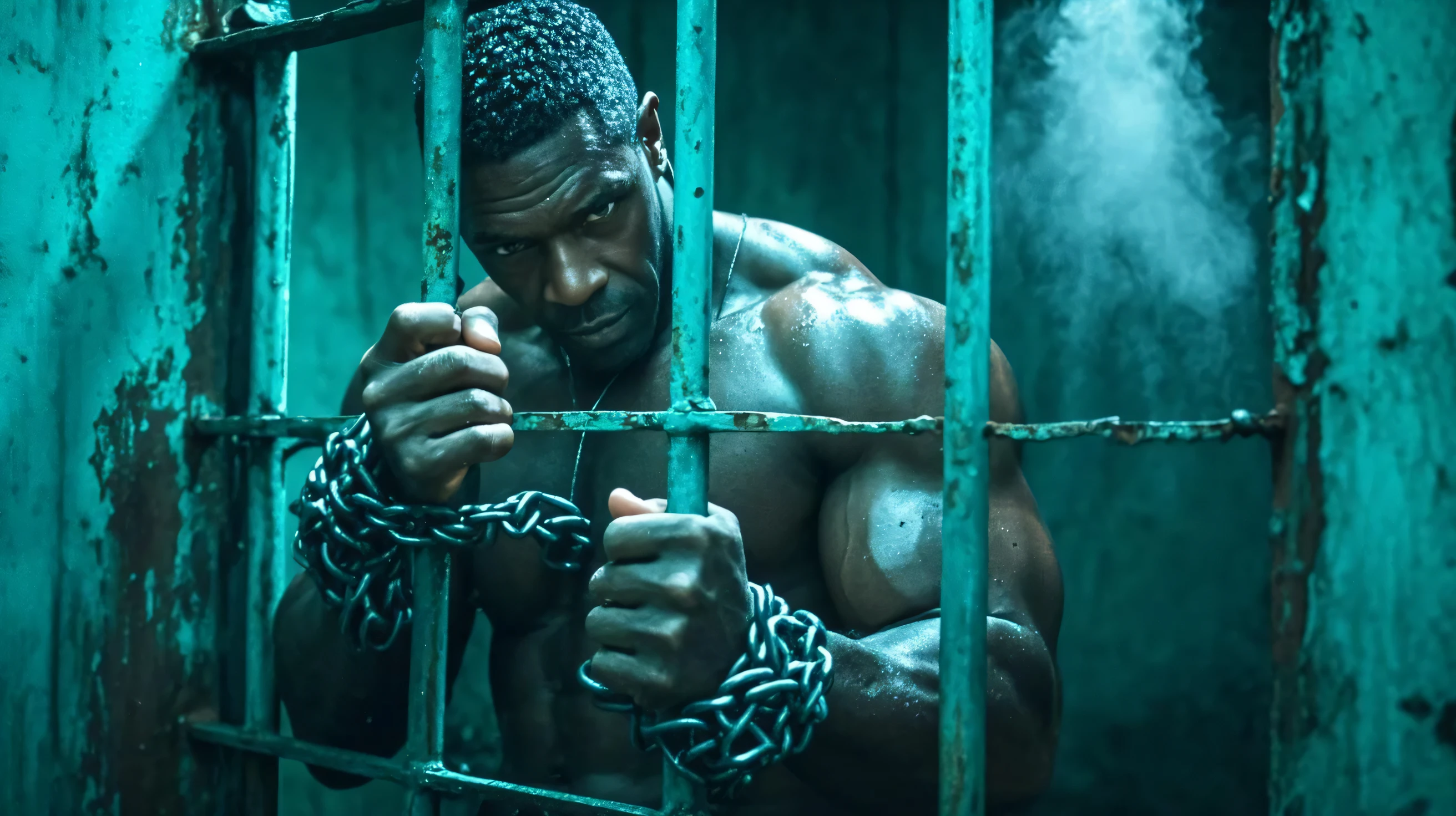 a black man enslaved in colonial brazil, angry and rebellious expression, looking at a large slave quarters, detailed portrait, muscular male figure, worn and tattered clothing, chains and shackles, dramatic lighting, harsh shadows, desaturated color palette, gritty and realistic, masterpiece, 8k, high quality