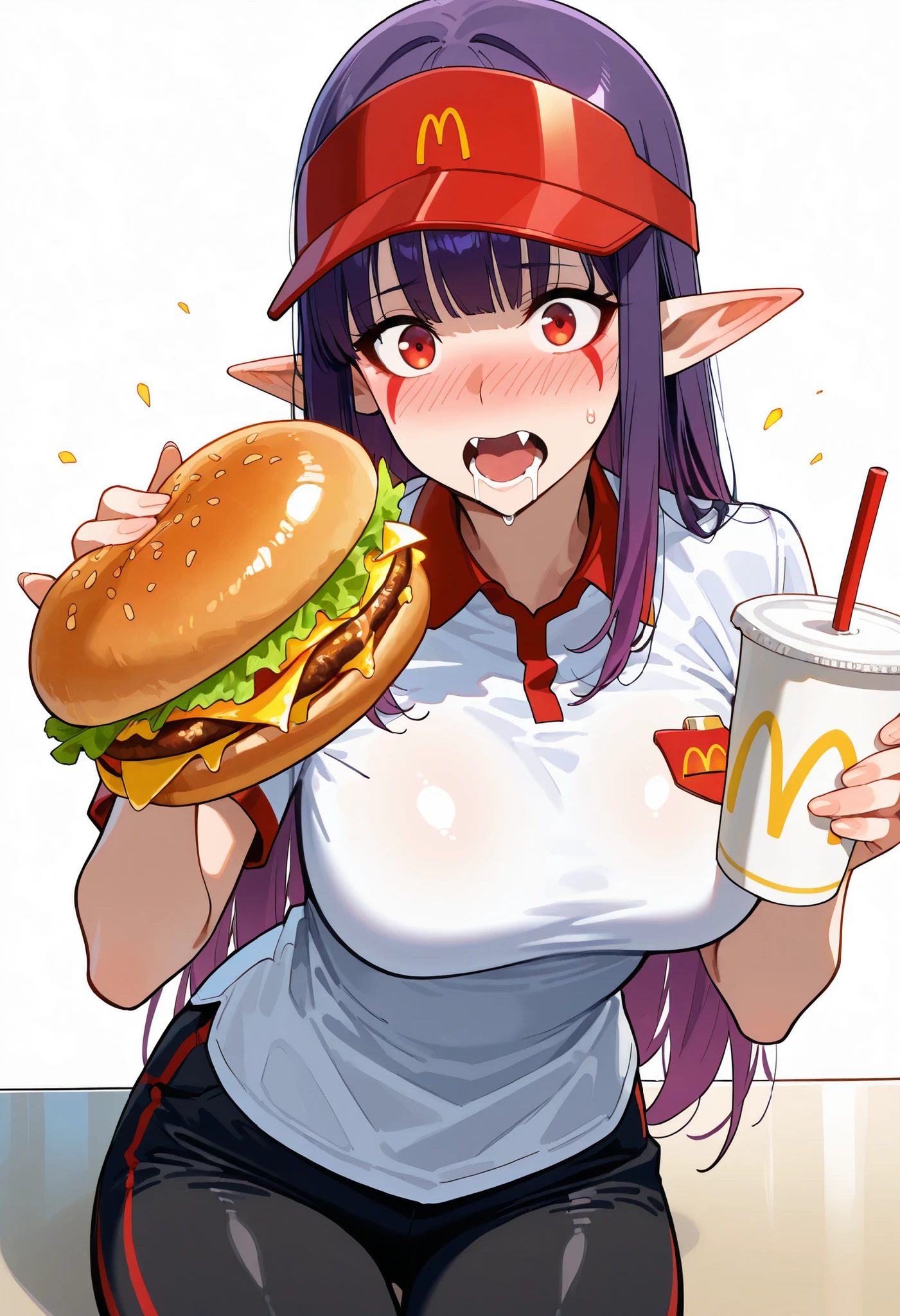 Esil Radiru, 1girl, pointy ears, solo, phantasy star, purple hair, red eyes, open mouth, long hair, fangs,, embers, facial mark,,,, bangs,, sidelocks, simple background, wideeyed,, tongue, teeth,, facepaint,, hair behind ear,, large breasts, tattoo, fang, original, facial tattoo,, LARGE breasts,, blush, pale skin, looking at viewer,                              ., COWBOY SHOT, nice legs,,, solo, looking at viewer, shiny skin, shiny hair, shiny body, clear body, nose blush,,, CLEAVAGE, DYNAMIC POSE, NICE LEGS, COWBOY SHOT, cowboy shot, NOSE BLUSH,. , white background, dynamic pose,, opaque clothes, ,,, white background, dynamic pose, SOLO,,,,, nice legs,, covered breasts, wearing a tight red McDonald's uniform shirt with the "M" logo and black pants, holding a large cheeseburger with a playful expression, sitting at a fast food restaurant table with fries and drink in front of her, slightly drooling, cute and energetic vibe, visor hat with McDonald’s logo, detailed restaurant interior background, colorful and high-resolution, anime style, ultra-detailed, soft lighting, holding cheeseburger, OPAQUE CLOTHES, TIGHT RED McDonald's uniform shirt with the "M" logo,