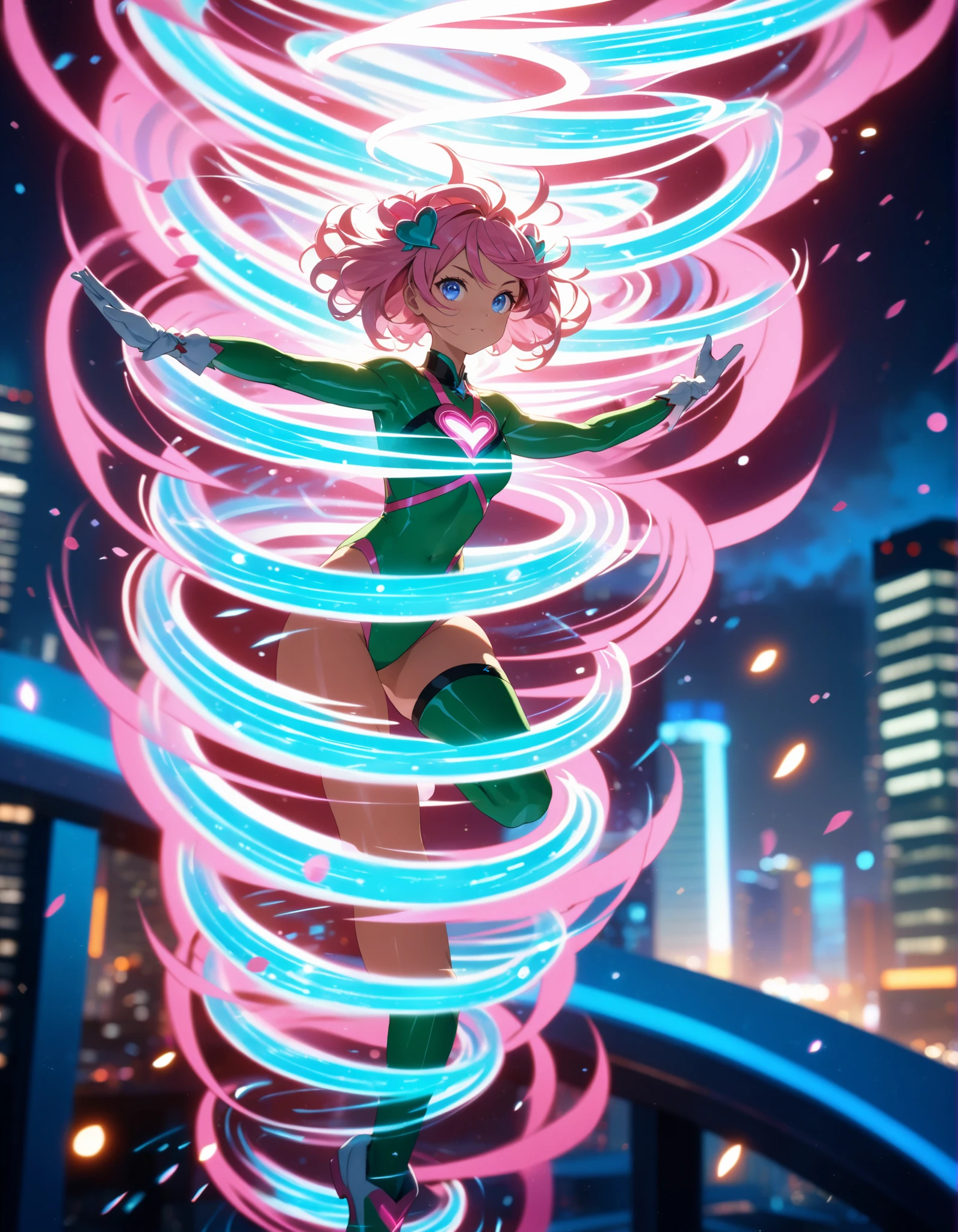 (masterpiece, best quality:1.2), 1girl, solo, leotard, bare legs, matching boots, sleeveless, looking at viewer, light particles, (perfect hands), perfect eyes, perfect leotard, (perfect legs), (perfect arms), (perfect fingers), medium breasts, ((pink leotard)), spinning, (purple hair, bob hair), knee boots, blue eyes, heart cutout, cute face, hair down, bangs, sleeveless, pink gloves, pink footwear, cleavage cutout, superhero, super speed, light swirls around her body, time travel, super spin, spinning around, single, spread arms, cyclone spinning, serious, simple eyes