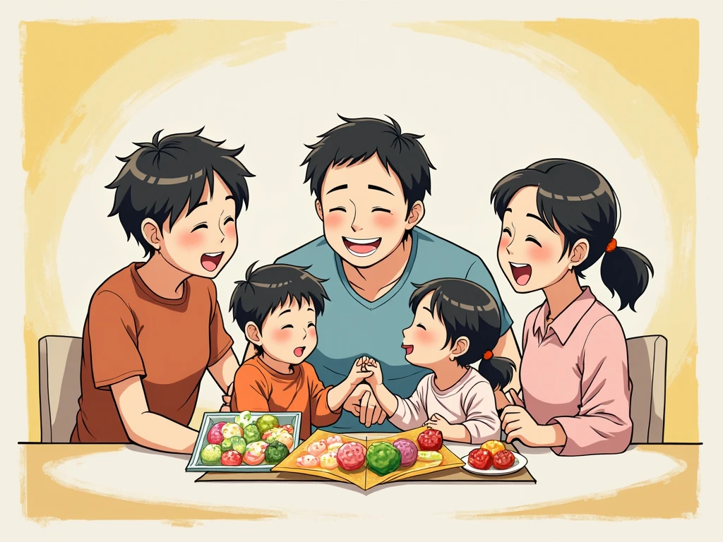 Here is the prompt corresponding to the Studio Ghibli-style excerpt:"A charming Studio Ghibli scene depicting a lively family celebration. Sofia, the youngest daughter, stands in the center holding a simple certificate of participation, beaming with pride. Around her, her parents enthusiastically organize a joyous celebration with decorations, balloons and a festive event. The atmosphere is warm and full of exaggerated happiness, while in the background the other two siblings a boy and a girl, especially Clara, watch silently, their expressions are a mixture of hidden frustration and acceptance, while the contrast between his treatment is subtly shown.