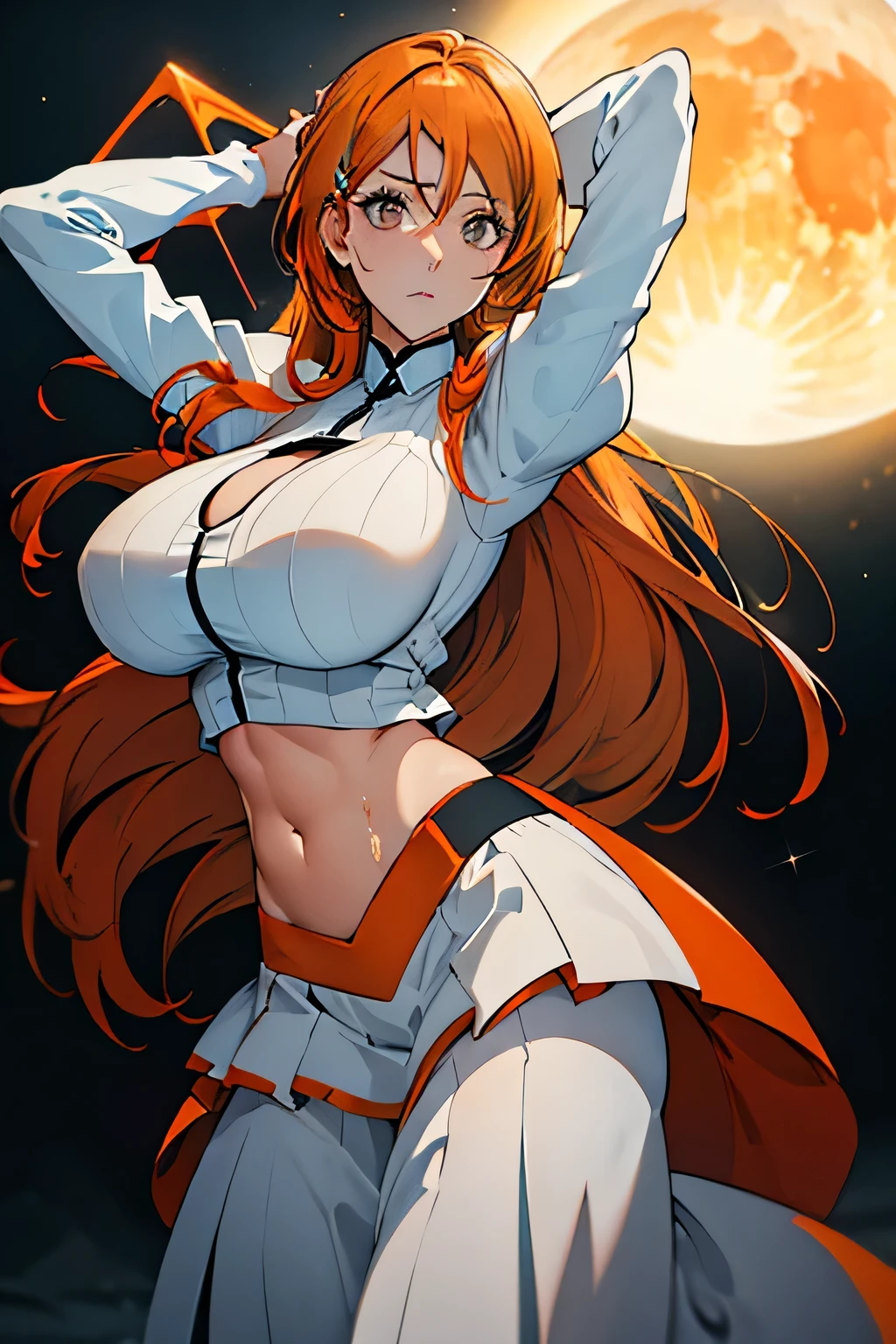 (from side:1.2), side boob, (from above:1.2),((close up head)), looking up, (standing), (arms behind head:1.2), heavy breathing, fog, bewitching pose,
(sweat skin), sweat, (蒸れた脇の下:1.2), (arms behind head),
((best quality)), ((masterpiece)), high resolution, sharp focus, (ultra detailed, highly detailed), (highly detailed CG unity 8k wallpaper),
(((vibrant colors))), {best illustration}, very shiny skin, shiny body, plastic glitter skin, exaggerated shiny skin,
illuminated skin, (oily skin), (glistening skin:1.2), Detailed skin, 1Girl, long hair, (orange hair:1.5), grey eyes,
(betterhand), (five fingers),(complete anatomy), orihimeinoue,
(betterhand), (five fingers),(complete anatomy), orihimeinoue,
Orihime_White_dress, navel, cleavage, midriff, crop top, clothing cutout, cleavage cutout, white long skirt, puffy sleeves,
White sand desert, night, huge full moon, ancient dinosaur bones,