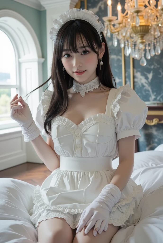 Highest quality, ((Real Model Shots)), 8K quality, ((1 person)), Very delicate and beautiful, grow, Official art with attention to detail, , (Japanese beautiful girl), ((Perfect female figure)), Big ample breasts, Narrow waist, Big Ass, Black Hair, (((Cute long-sleeved maid dress))),  Whole cake, workshop, Cake shop, smile,Age 25（Carbowie shot）