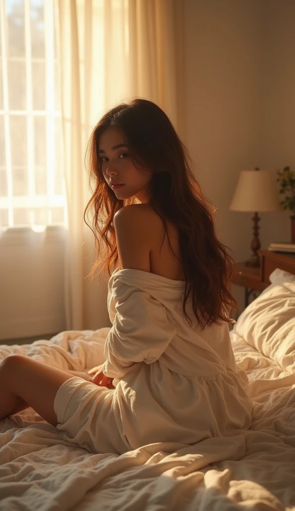 (photorealism:1.2), beautiful woman, sitting on a bed, wearing a loose top with open shoulders, long straight hair, indoors, soft lighting, window with sunlight, cozy room, relaxed pose, realistic, complex details, warm colors, by Greg Gorman