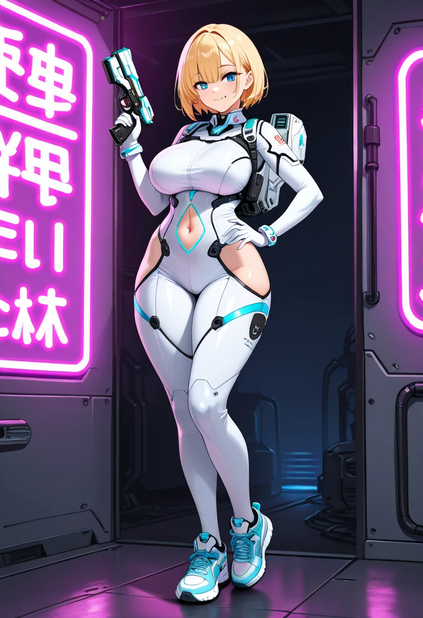 (full body photo:1.5), (one/woman/mechanical:1.5), (extremely large breasts:1.5), (all mechanical body:1.5), (with bionic armor:1.5), white with black gears, (she is inside a spaceship near the window seeing outer space:1.5), (she has very short purple straight hair:1.3), (blue eyes:1.3), (moaning:1.5), (blush:1.5), (is doing sensual poses standing up for the viewer:1.5), anime style, Anime, 16k, high quality, textured skin, UHD, award-winning