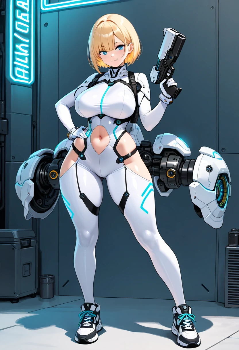 masterpiece:1.4, 1girl in ((20yr old, Wearing a tight, futuristic metallic white bodysuit,long boots, huge-breasted, Colorful blonde hair, Chignon,short-hair, Perfect model body, Green eyes:1.4, Wearing headphones, Flirting, Happy, Looking out the window of the futuristic sci-fi space station、While admiring the beautiful galaxy:1.2, SFSF control room on night background:1.1, Neon and energetic atmosphere:1.2)) ((Galaxy)) ((Solo:1.6))
