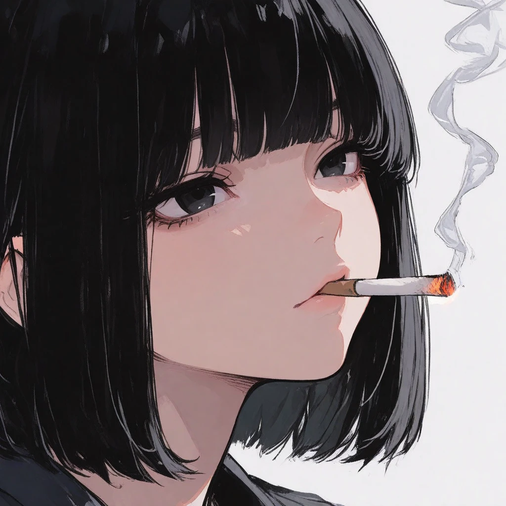 oil painting. girl. black hair. black eyes . smokes