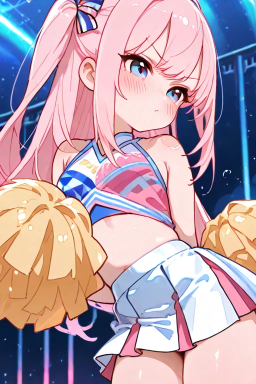 NSFW,masterpiece,Highest quality,High resolution,Very detailed,white\(no game No life\),Long Hair,Multicolored Hair,Hair between the eyes,Gradient Hair,Yellow Eyes,Flat Chest,ponytail,(Cheerleader),See-through,Tank top,Crop top,Micro Mini Skirt,Groin,Hip joint,Knee-high socks,Thigh straps,sports boots,baseball Ground,Audience seats,fence,Frustrated face,blush,Sticking out tongue,Sweat,sexual excitement,((Ecstasy face)),(Squirting),(orgasm),(Trembling),squat,Leg spread,(Remote Control Vibrator),Spectacle