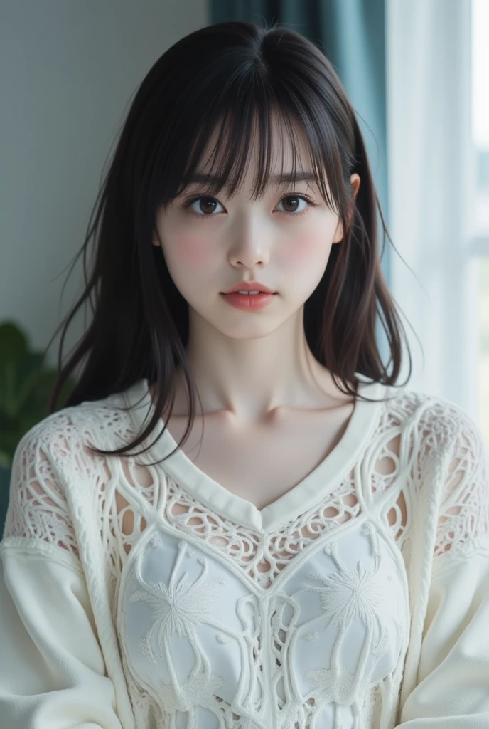 masterpiece, highest quality, 8k, 20th Generation, Large Breasts, cute, alone, sad, cute, Girlish, Delicate girl, Pure beauty, RAW Photos, Professional photography, Portraiture, Soft Light, Professional Lighting, Backlight, Upper Body, avert your eyes, Sophisticated, Film Grain, (Eyes and facial details:1.0), Short floating hair, Beautiful, flowing hair, bangs, T-shirts and cardigans、(Large Breasts:1.0)、You can see a little cleavage、Odd Eye、The colour of the left and right eyes are different