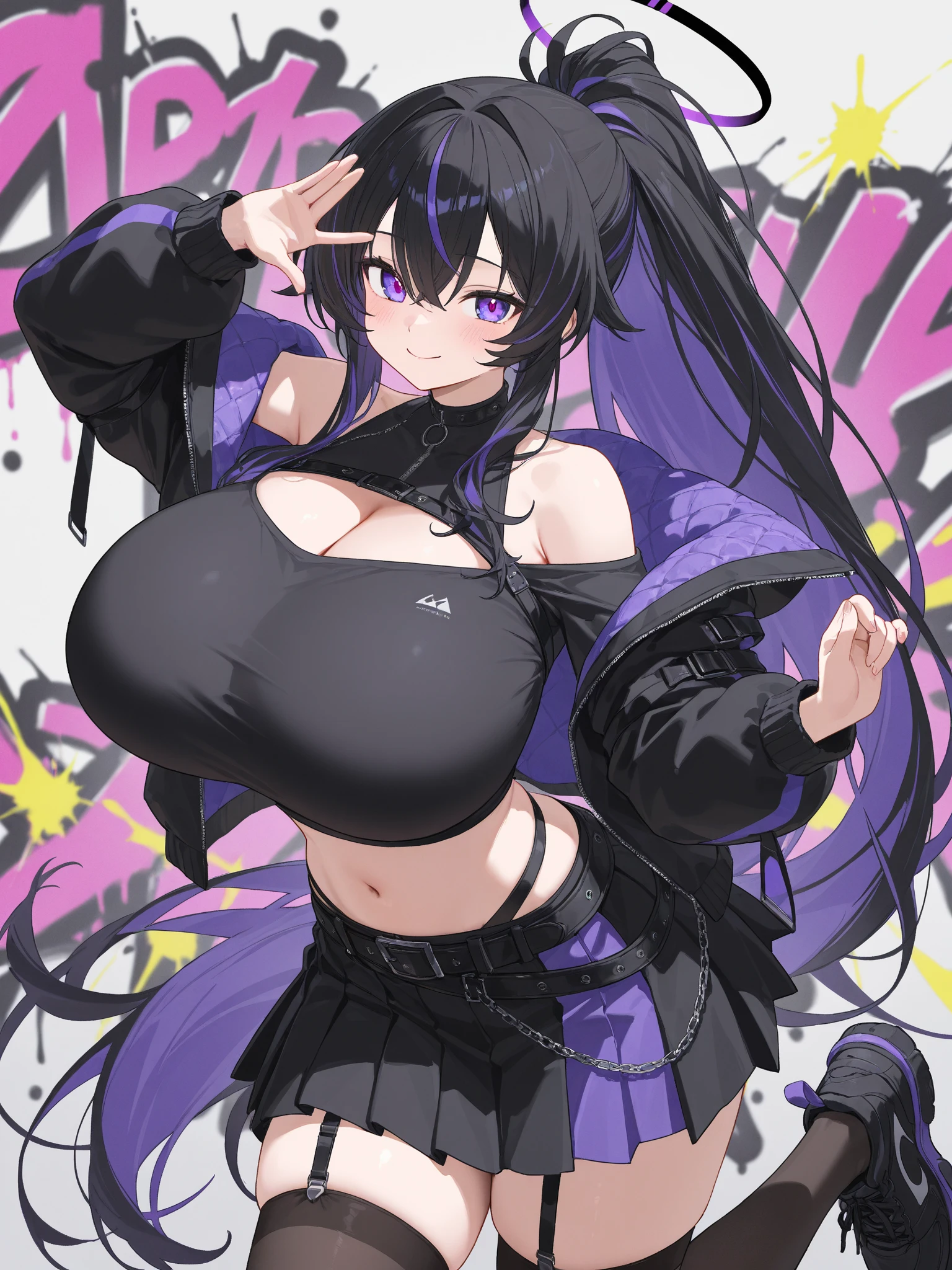 highquality, Ninja, Purple Hair, Asymmetrical long hair, side, Raise your arms, Sweating profusely, Double teeth, excited