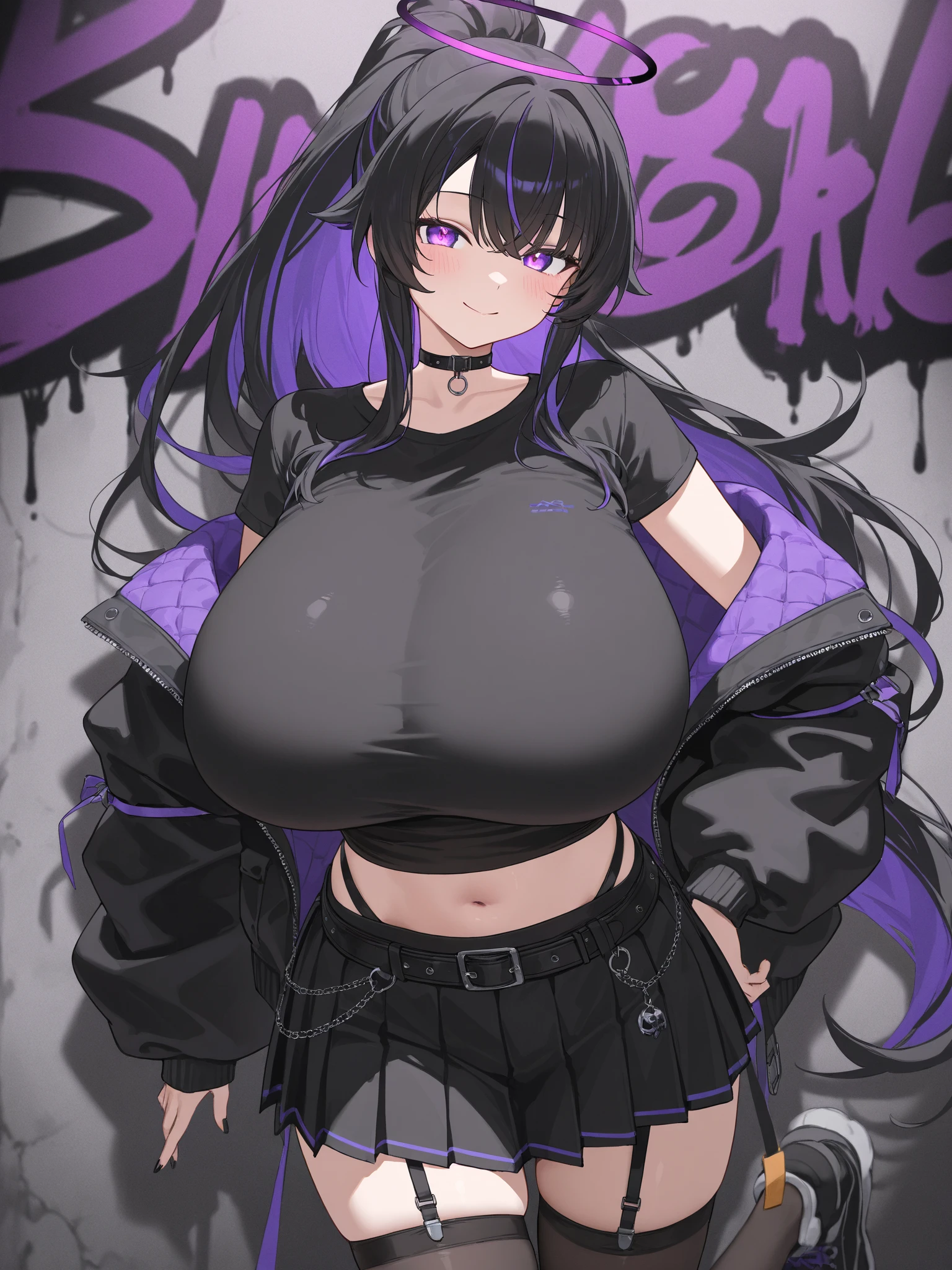 best quality, highest quality, masterpiece, absurdres, high resolution, 8k uhd, super resolution, megapixel, ultra realistic, clean picture, smooth picture, high details, detailed and intricate, intricate details, high intricate details, absurd amount of details, symmetrical, simple background,
charlottevr, goth girl, tattoo, long hair, purple hair, black lips, makeup, blue eyes, lipstick, colored sclera, horns, glowing eyes, arm tattoo, blue hair, black horns,
beautiful face, detailed face, sharp face, jawline, detailed eyes, expressive detailed eyes, detailed pupils, long eyelashes, dark eyelashes, full eyebrows, full lips, mascara, eyeliner, makeup,
huge breasts, voluminous breasts, (shirt, jeans),
<lora:charlottevr-V01:0.8>