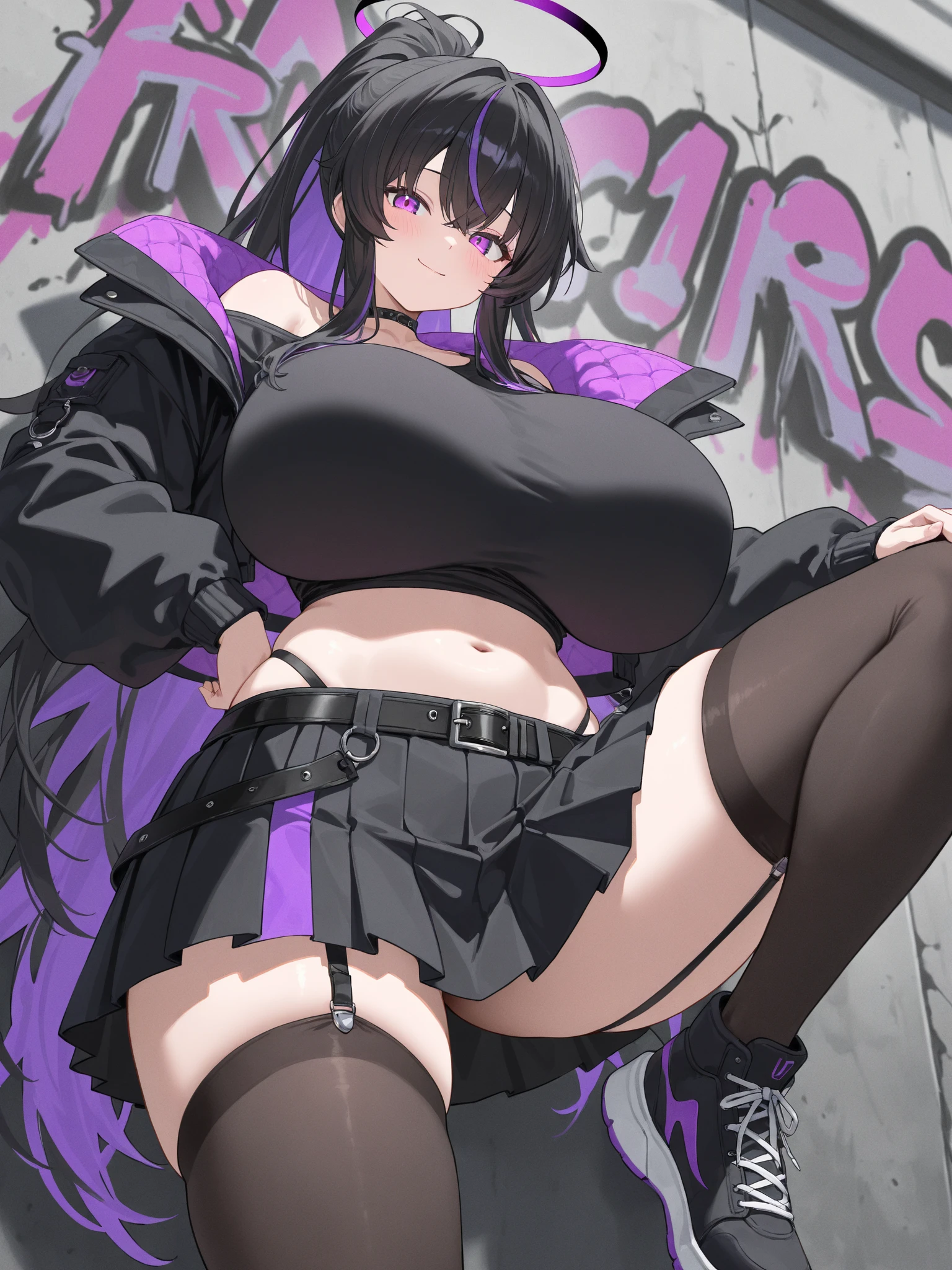 highest quality、one girl,15 years old、high school student、full body figure、very big boobs,big ,perfect 5-fingered hands、Shiranui Mizuki、Water City does not know fire、shy face、perfect thing、big breasts、two perfect arms、two perfect legs、detailed description、small details、detailed face、white skin、Voluptuous legs、erotic pose、long hair、 green shirt, serafuku, white neckerchief, long sleeves, pleated skirt, black skirt, black thighhighs, loafers、、uniform、mini skirt、black panties、Black Panties、Skirt flip、lift skirt
