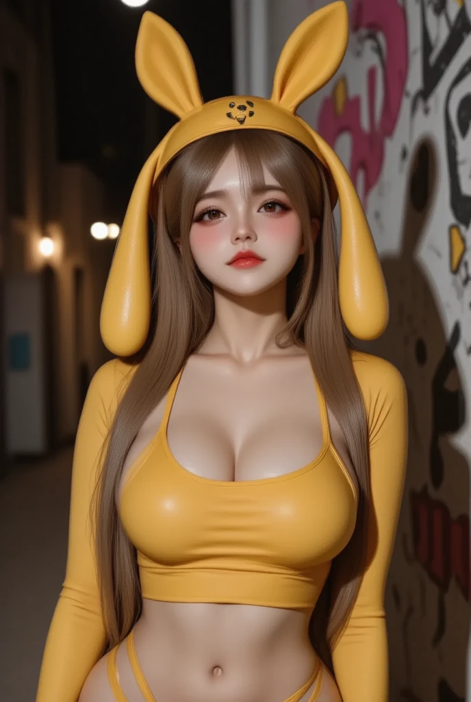 ((high detailed, best quality, 4k, masterpiece, hd:1.3)), ((best quality)), (((HD))), (((8k))), (ultraDH), (ultra HD), araffe in a yellow costume with a hoodie on, long black scene emo hair, anime girl cosplay, 🐿🍸🍋, anime cosplay, anime girl in real life, full-cosplay, Julzzess, ig model | JULES, better known as Julzzess, professional cosplay, cosplay, pikachu as a human, (breast focus), (arms outstreched:1.2), (from front:1.3), (breasts out:1.3), (off shoulder:1.1), (goth makeup), (perfect hands, perfect anatomy)