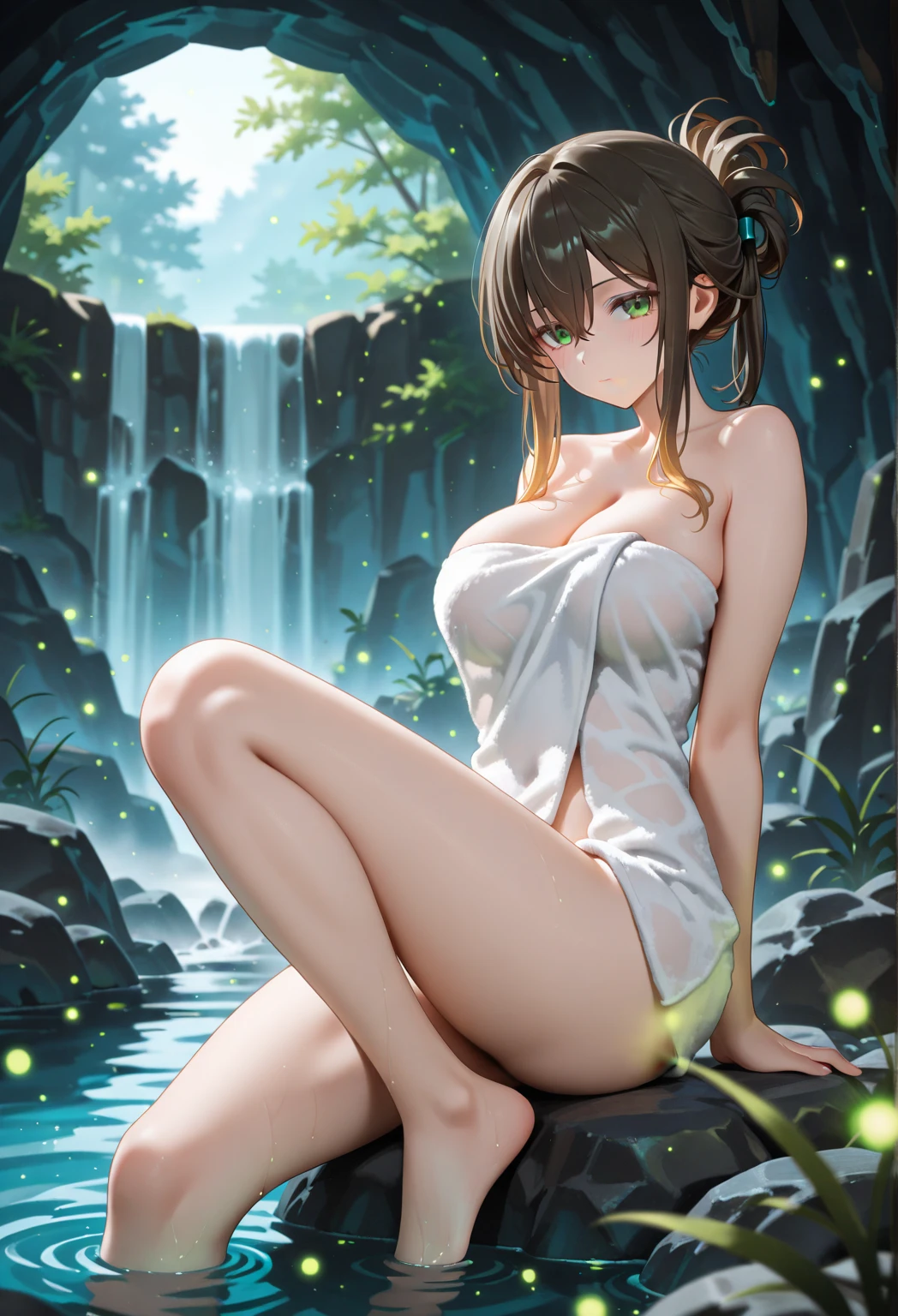 (masterpiece), best quality, (16k), expressive eyes, perfect face, lady, 3 girls, large breast, navel, BREAK, (((topless))), (((wet cobalt blue solid pencil mini skirt))), bare arms, bare legs, shiny skin, wet body, BREAK, outdoors, in the waterfalls jungle forest, wading, BREAK, brown hair, wet hair, Lower ponytail, brown eyes, :), BREAK, standing, (upper body), (from front),