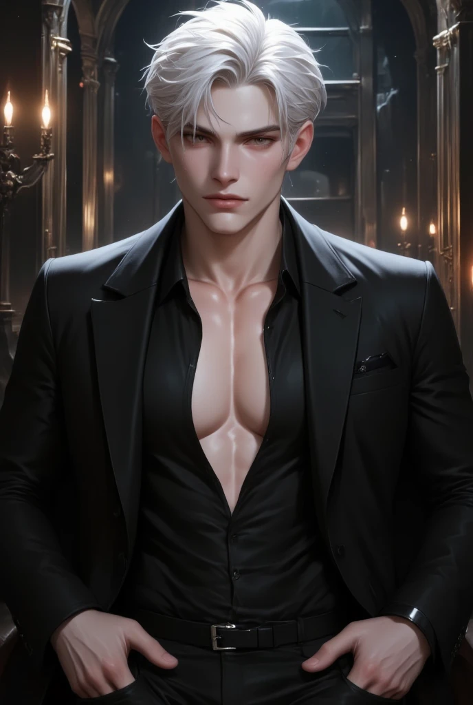((Best quality)), ((masterpiece)), (detailed), ((perfect face)), ((Half bodies)) perfect proportions ,He is a handsome student, 18 years, short hair, topless in uniform, in the background there is a school gothic room with lit candles, gnostic atmosphere ((perfect face))