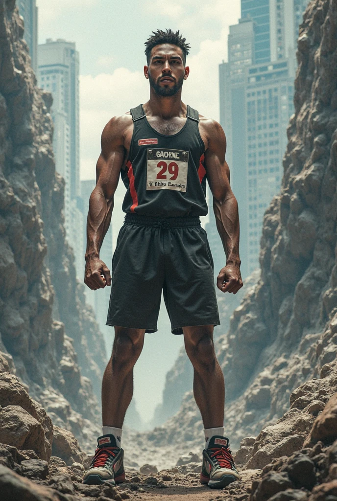 A boxer standing across the road ready to go for training , graphic art
