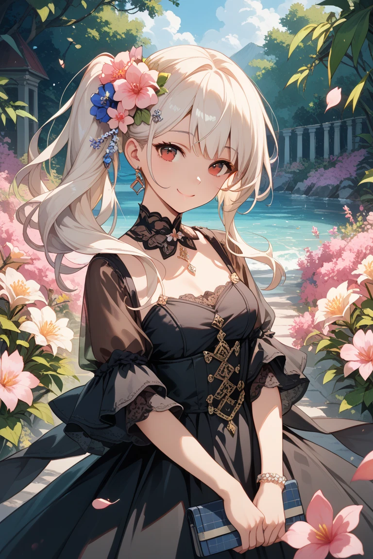 (((blurred background、Light colored watercolor style background)))、one girl、１６talent、anatomy、small face、small、small鼻、pale pink eyes、Loosely braided low ponytail、light pink hair、small breasts、black dress open neck dress、sheer lace dress、See-through feeling、random pose、highest quality、High resolution、High resolution、cinematic lighting、professional photographer