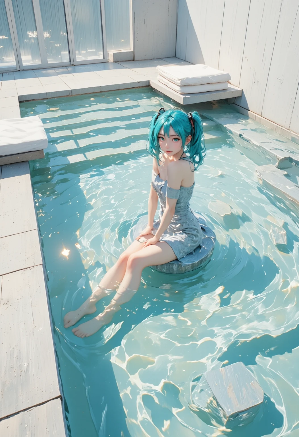 ((Teal'green Water and blue ribbons)) surround a girl appearring from the water, her long lavender-pink transulent hair twist like vines in thewater droplets cover her body, her waist twist in motion her arms criss-cross above her head, wearing a blue leather leotard, with off shoulder double detached transprent sparling sleeves