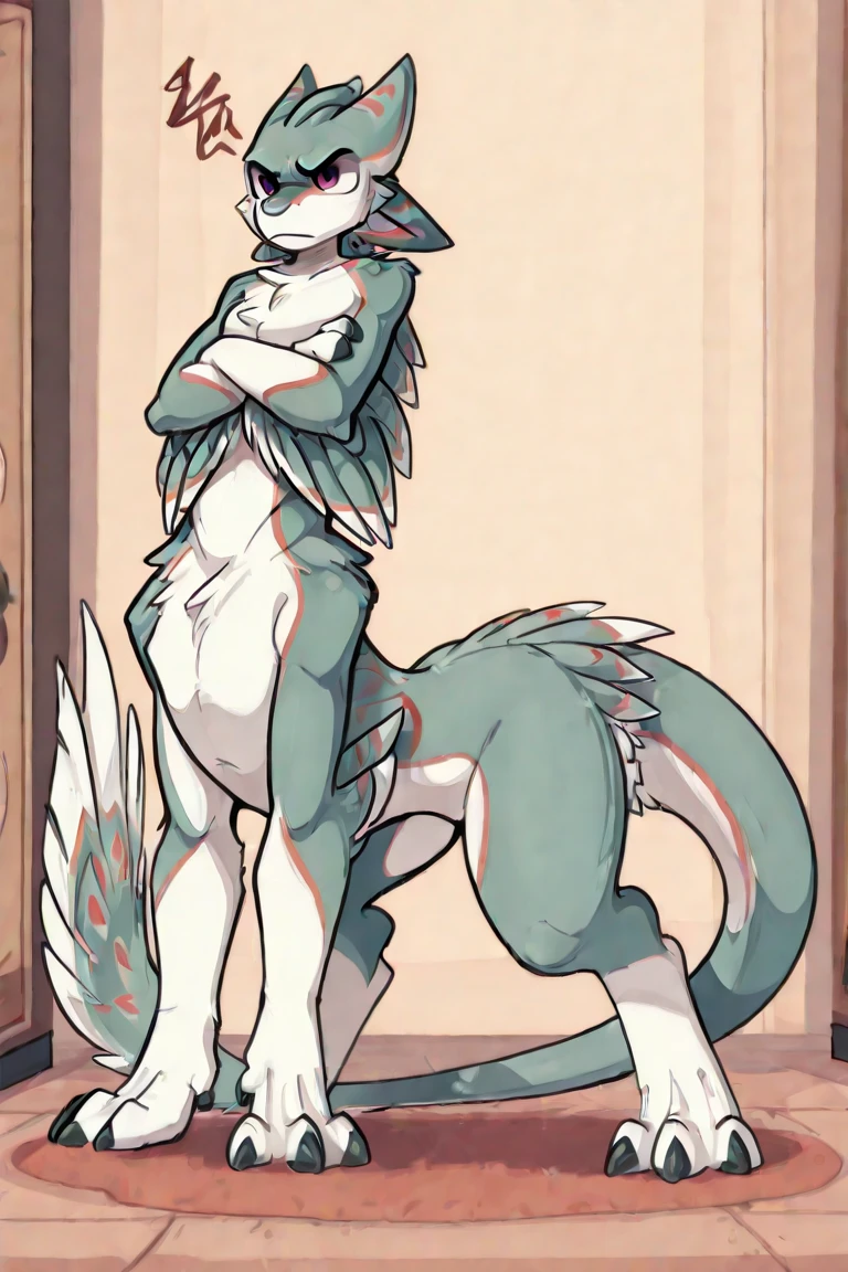1 boy, Wolf,young people,green fur,topless,Plain white briefs,Squatting,Looking up at the camera,blush