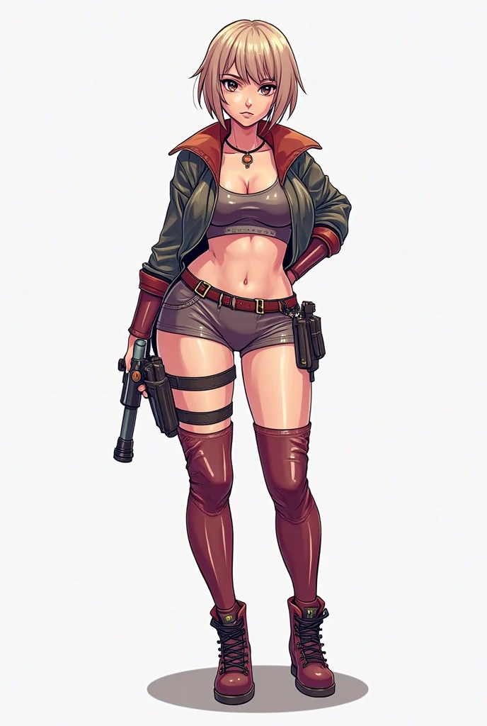 (((Annie Lennox))), (((copper color suit))), (scars), (((bandaged arms))), (((colorful clothes))) (( hood)), (((best qualityer: 1.4))), (Unbeatable masterpiece), (hiper HD),(CG 8k hyper-realistic), brave face, (((breasts big))), (((hyper feminine))), sexly girl, black tattoo,（ultra short red hair with white highlights)), ((( sculptural body ))), (((1 Kizi))), Kizi tatuada de 25 anos com perfectbody,,Beautiful and well-groomed face,muscular body:1.2,solid color detailed jacket, (Head to thigh photos)， Complex equipment, copper，Tight clothes，With white stars and off-white stripes,,,,,Armor Metal Electronic Parts, Poison tattoos ) INFO, Kizi, (((standing alone))), pirralha violent, 24歳, sexy, pose de atitude, work of art, post-apocalypse, (((manga style))), bounty hunter, the way you want, perfect body, roupa moderna, advanced technology, Pleated mini skirt with checkered pattern in red and black, fur collar jacket, sleeves with vertical striped pattern, neutral background, (( cowboy shot )). intricate visual, narrow waist, (((wide hips))), wide hips, fit thighs, (thigh gap), background shows a futuristic airplane