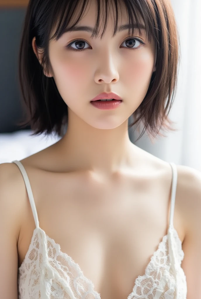 close-up, masterpiece, top quality, full anatomy, raw photo, photorealism, face, incredibly ridiculous, beautiful girl, cute, short hair, white underwear, depth of field, high resolution, ultra detail, fine detail, highly detailed, highly detailed eyes and face, sharp pupils, realistic pupils, sharp focus, cinematic lighting, flat breasts, small breasts, small, ( Small bust: 1.2), small bust, (slim, small, flat, small), slender, delicate and sexy collarbone, peeing, squatting and peeing, very embarrassed look, bright red face, red cheeks, blushing, urination, peeing