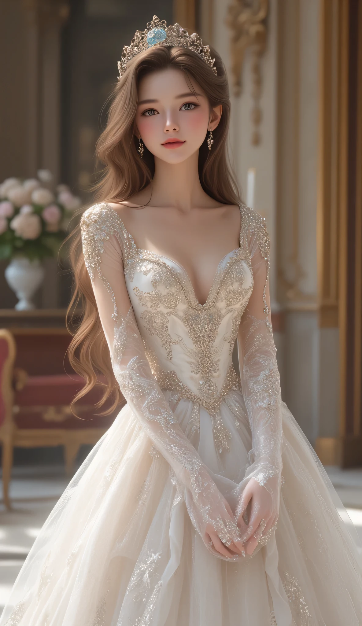 (masutepiece),(Best Quality), (Super Detail),(Highly detailed CG Unity 8k wallpaper),((Very delicate and beautiful)),((Full body portrait)),((Stand in the garden)),((Solo)),(((One princess in a very gorgeous rococo princess ball gown adorned with gorgeous embroidery and jewels and a voluminous full-length hoop skirt ))),(((Crinoline Hoop Skirt))),Long Train,((Gorgeous embroidery and jewelry)),voluminous ruffles,(((very very gigantic boobs,Skindentation))),cleavage,((Very long straight hair,Very voluminous straight long hair,Very long straight hair)),(finely detailed face and eyes),((Seductive smile,embarrassed)),Beautiful eyes like jewels,Very gorgeous hair ornament,(A very gorgeous tiara adorned with sparkly jewels),((Glitter Gorgeous Gemstone Jewelry)),Gorgeous Long Veil,(Opera Globe),(Beautiful background),(Full body),((Gorgeous Rococo Princess Ball Gown with Gorgeous Embroidery and Jewels and Voluminous Full-Length Hoop Skirt))((((((Front Opening Skirt、Lift up your skirt so that you can see your panties、I'm、hand job、Gonzo、、sexual teasing、Please go inside、Thank you very much )))
