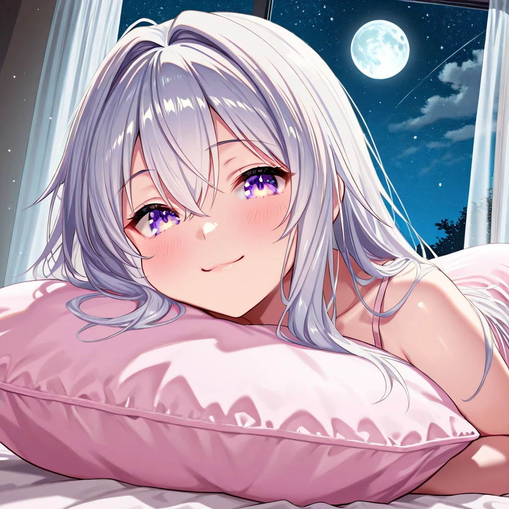 Highest quality,1People Girls, cute, White Hair,Long Hair, Floating hair,Curly Hair,Bangs that expose the forehead, Bright white eyes, Elegant and delicate eyes, Detailed facial features, Long eyelashes, Beautiful lip detail, graceful and detailed poses, Dynamic configuration,Vibrant colors, Soft and dreamy,A cheerful smile,room,bed,light, pillow,Night Sky,star,moon,bedの上に,Rose petals,Tiger print underwear,Completely naked,bedの上に,Lying on your side,Align your feet,Large Breasts,1 person,Wet body,sexy