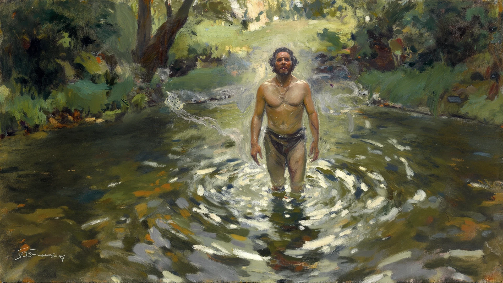 ((( Celtic Pre-Raphaelite painting of a very wounded naked warrior, sangrando e chorando, pintado de azul, Picto, muito sangue e feridas, in a swamp with many jucos, paisagem celta)))
