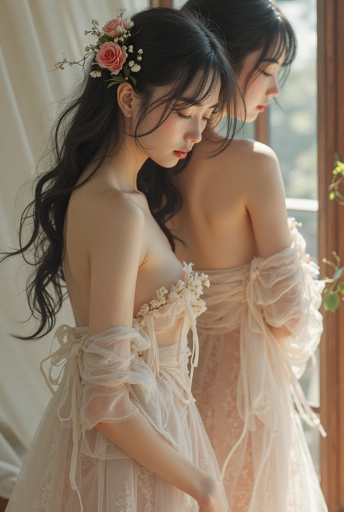 (From a straight above, bird's-eye perspective), Realistic Chinese pretty teenage girl,16-years old, pink colour Hanfu, erotic, small breast,greasy, knelt infront of window, eye gazing up to the camera, with sweat on body, sweat body, sweat breasts, waiting for punishment