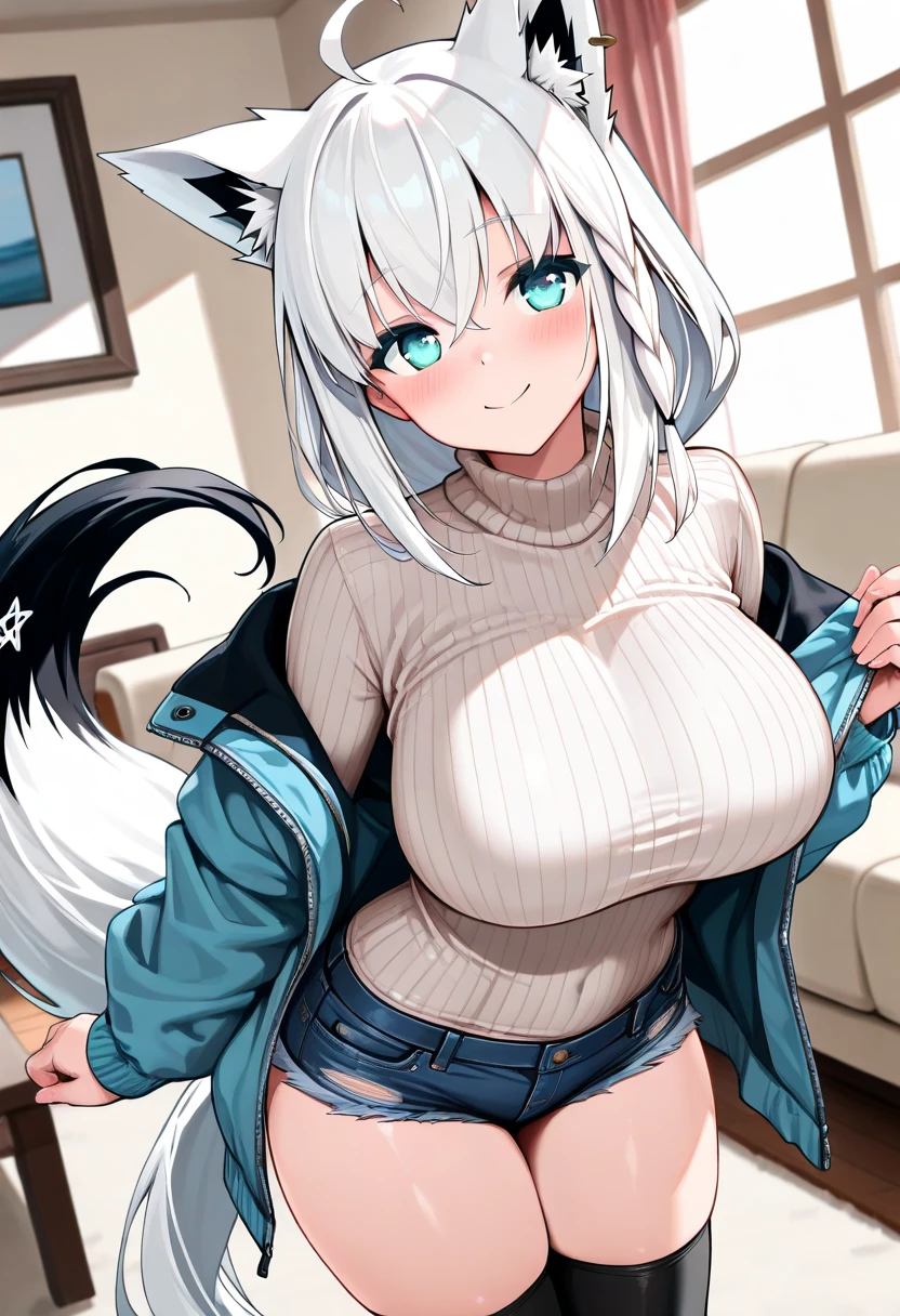 NSFW,masterpiece,Highest quality,High resolution,Super detailed,Shirakami Fubuki\(Hololive\),Gray Hair、One-sided braid、Ahoge、Earrings,Fox ears,Fox tail,Jacket,Crop top shirt,Denim shorts,Embarrassed,blush,Expecting face,Bewitching Smile,smile,Lingerie Shop,Underwear section,High-end store,Cute pose,Date,(Seduce),From above,Expressions of affection