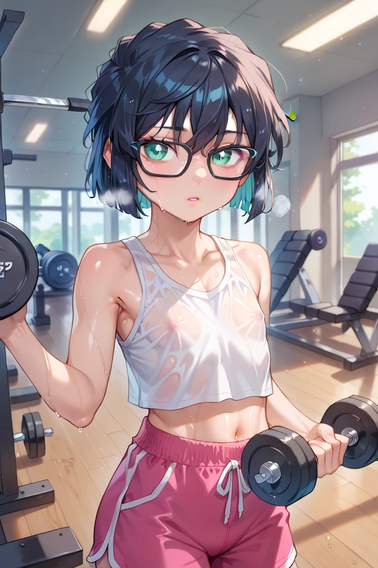 white sportswear, ,1woman, very short hair, brown hair, {{thick eyebrows}}, black-rimmed glasses, sweaty, brown eyes, fitness gym, traning, sitting, light smile, looking at camera, {towel over neck}