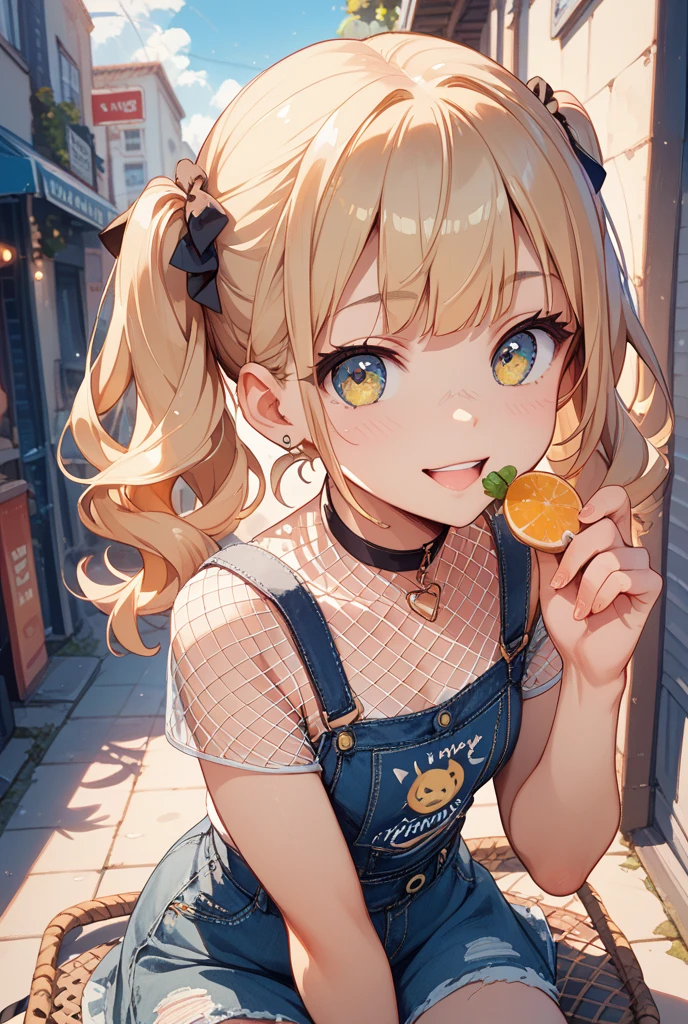 age woman ,long golden hair, blue eye ,Holding candy in mouth, cheeks puffy. Turn around and look back. Half body image, colored lights