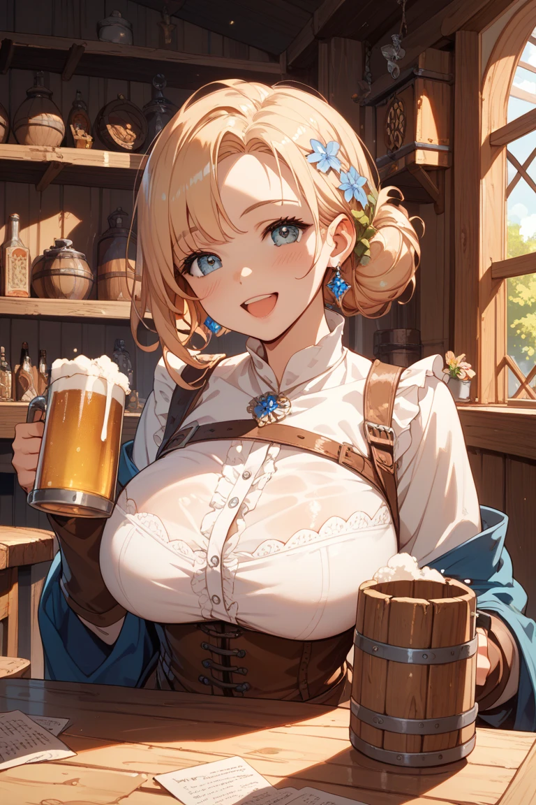(8k), ((highest quality)), ((best quality)), (masterpiece, ultra-detailed),a bavarian girl, blonde hair, cleavage, outdoors, holding beer, alps in background,