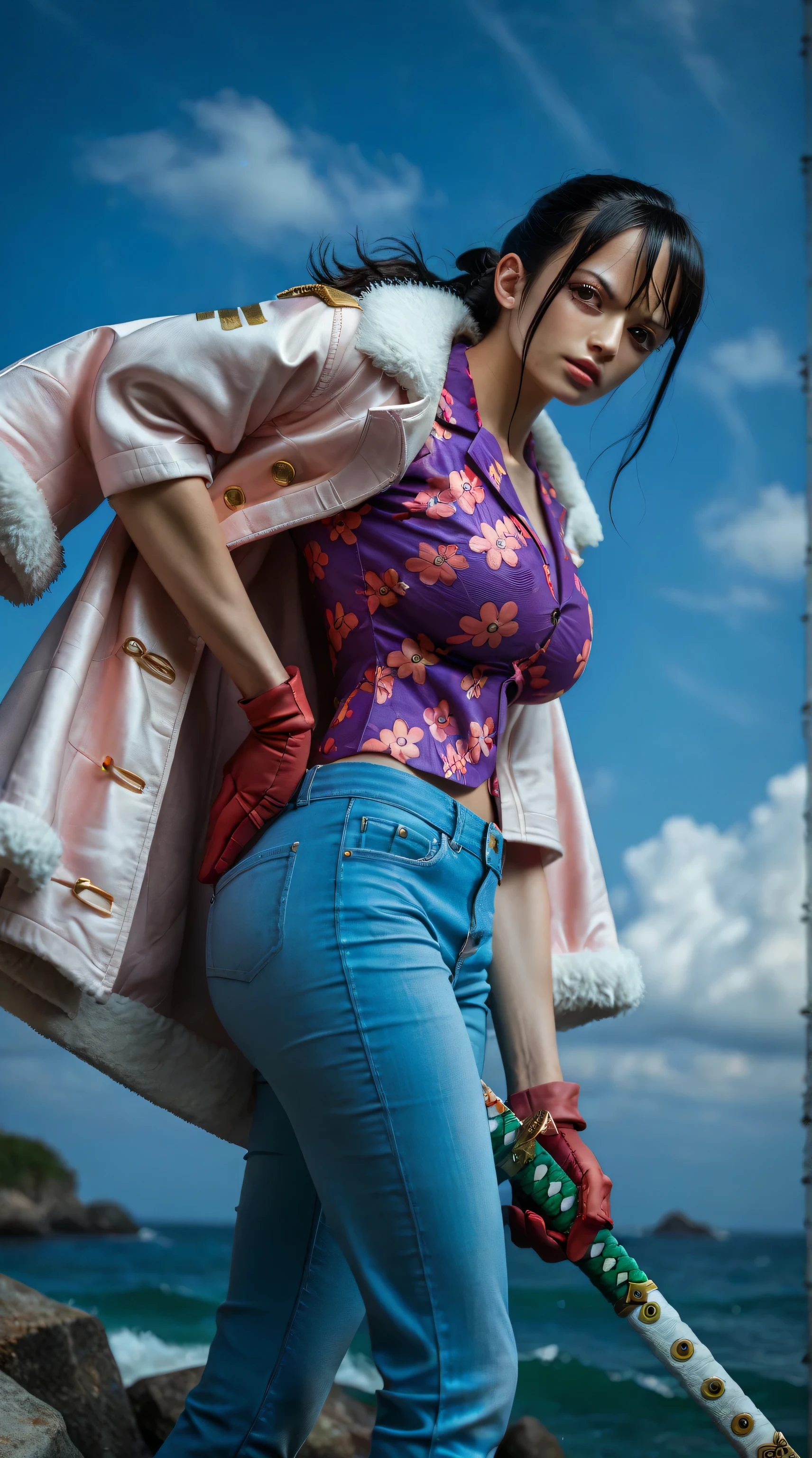 score_9, score_8_up, score_7_up, source_anime, detailed, wallpaper, beautiful details, 1 boy, tashigi, one piece, ultra realistic, realistic style, A fierce and determined female swordsman with youthful Asian features, shoulder-length black hair, wearing a stylish purple floral shirt, light blue jeans, red gloves, and a white-trimmed pink marine coat with golden epaulets, pink marine coat, holding a traditional Japanese katana, carrying katana, Her posture is strong and confident, outdoors, Highly detailed, ultra realistic, cinematic lighting, sharp focus, standing with pride and justice in her expression, slim body, big breast, dynamic action pose, KPop face, beautiful face, korean,