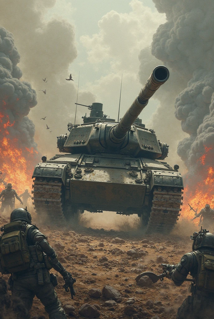 A war-torn battlefield, where the first deployment of the lmnrsstnk tanks is making a decisive impact. Amidst a raging storm of laser and shell, a squadron of lmnrsstnk tanks advances, their cannons roaring as they break through enemy lines. The landscape is a testament to the tank's immediate influence on the outcome of battles, showcasing its durability and firepower