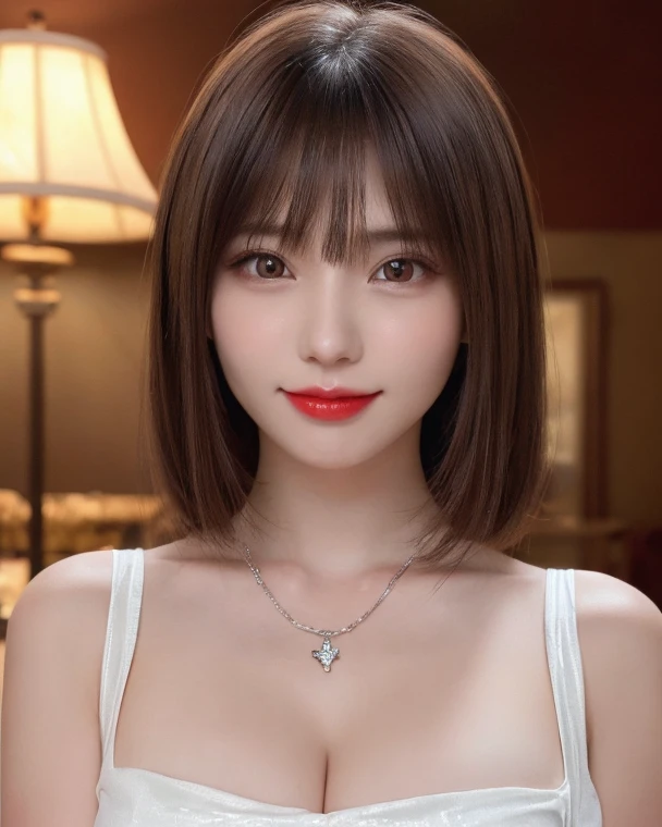 (Highest quality、Tabletop、8K、Best image quality、Award-winning works)、(One Girl, 14 years old:1.3)、(Perfect V-neck long knit red sweater:1.2)、(Red eyeshadow:1.2)、Perfect Makeup、Long eyelashes、Ultra-high definition sparkling eyes、Ultra HD Hair、Ultra-high resolution glossy lips、Ultra High Resolution Perfect Teeth、Ultra HD cute face、Brown Hair、(Very short straight hair:1.1)、Look at me and smile、[clavicle]、Accurate anatomy、(Face close-up:1.5)、Luxury Love Hotel、(The most atmospheric and warm lighting:1.2)、Blurred Background、With bangs、Ultra-high-definition, shiny, moisturized face、Ultra-high resolution glowing skin、The most detailed face、Super high resolution detailed faces、ultra high resolution hair、Ultra-high resolution sparkling eyes、Beautiful face drawn in every detail、Ultra high resolution glossy red lips、Big Breasts、Cleavage、Fashionable necklaces