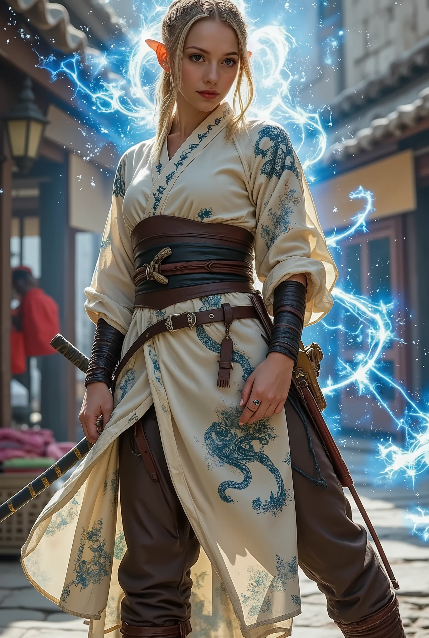 D&D character art. athletic slender female elf with pointy elven ears. She has l1ly face. blue Celtic runes paintet on all visible skin and face, she is 160 centimeters in Hight, big blue eyes, long wild blond hair with site cornrows. wearing pale white ronin with gold snake linen patterns. leather ARW kimono. reinforced armored bracers. fingerless armored gloves. wide leather utility tool belt. Full brown leather haka pants. armored boots. Holding a vicious katana. she is making a fighting stance, standing in a medieval city street. Photorealism, Photorealistic image. pulsing around her and on her body is a auralora necrotic spore energy flying around her.