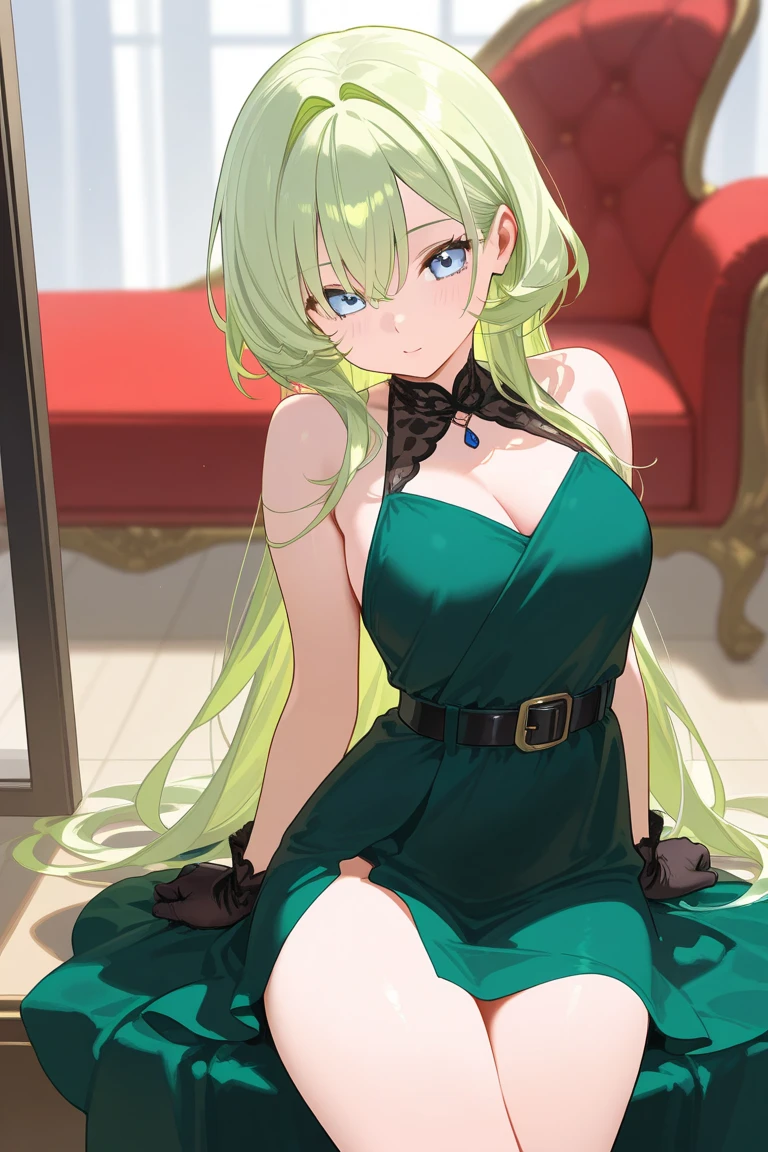 Anime girl, shoulder lengths blonde hair, short Green Party dress, sexy, posing, at a fancy ballroom, hourglass figure, curvy, skinny, full body shot, hand on hip, very small waist, big ass