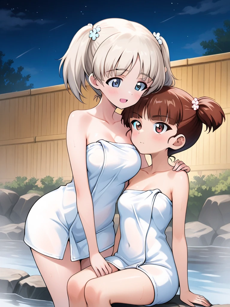 [high quality, best quality], [cinematic], 2girls, shijou raimu, shijou yuzuki, naked towel, sitting, looking at viewer, smile, blush, onsen, steam, [bloom, hdr] <lora:shijou_sisters:0.72>