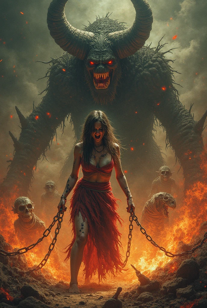 A woman is tortured in hell ,The gong was torn to shreds by several black demonic shadows.