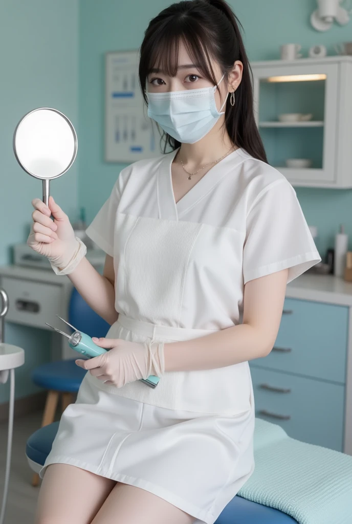 Sexy nurse in bra, from Malaysia, Stands tall, holding a white sheet of A4 paper in his hands, and shows it to the camera
