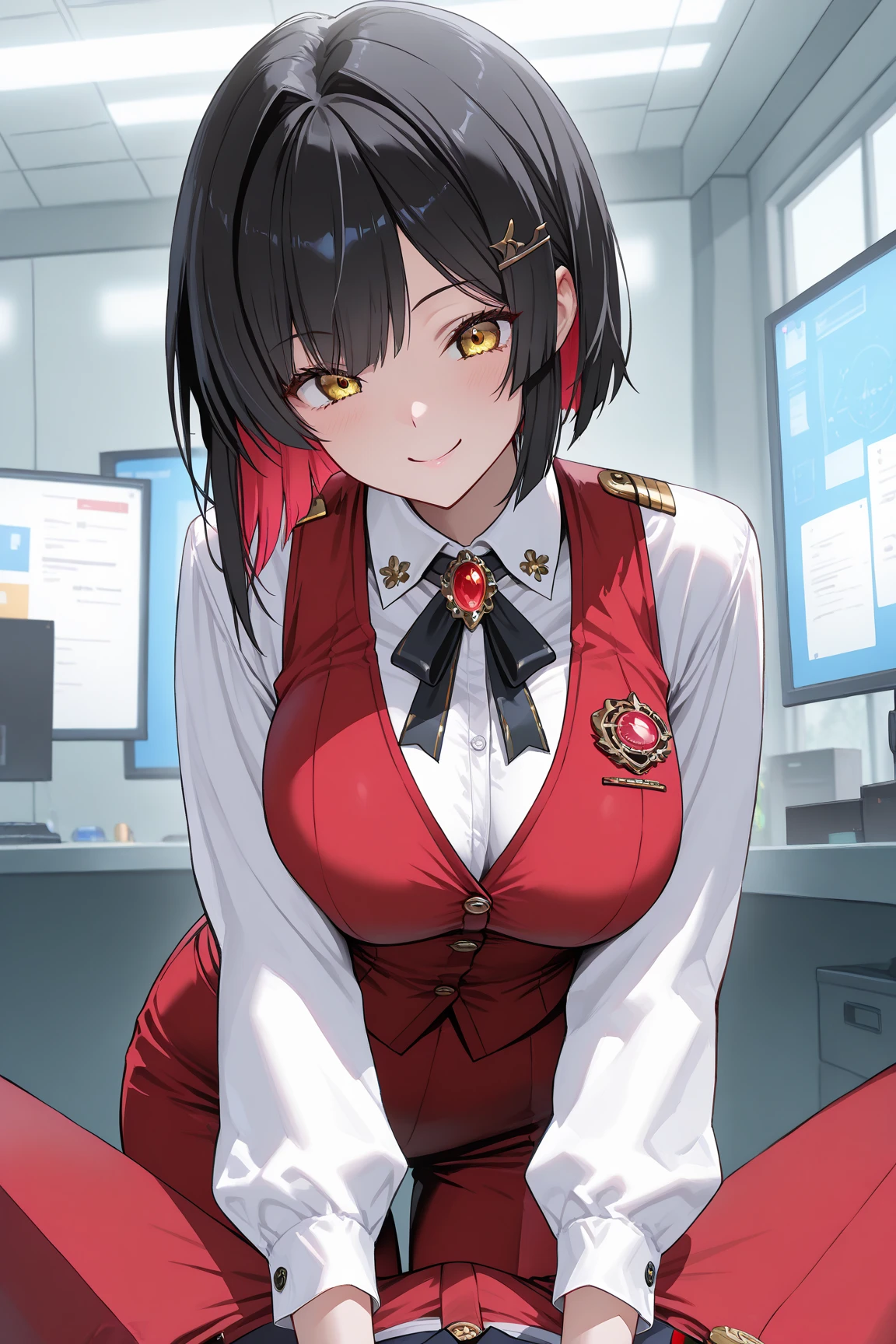 1 girl, alone, nurse, nurse cap, white nurse uniform, ((white legwear, zettai ryouiki)), white gloves, very short hair, orange hair, smile, open your mouth, Are standing, ((hospital room)), sharp outline, short sleeve, Tomboy, boyish, highest quality, masterpiece