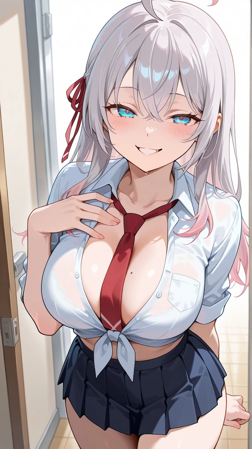 (masterpiece, high quality, highres:1),1girl,solo,breasts,pov doorway, open door, doorway, false smile, standing, (sweat:1.3) ,fog, pokemoncarmine, mole under eye, hairband, kogal gyaru, jewelry, hair ornament, bracelet, (tan), (makeup), painted nails, sagging breast, huge breast, , dress shirt, pleated skirt, bra peek, leopard print, dark skin, shaded face, despair, (covered nipple), corruption, grin