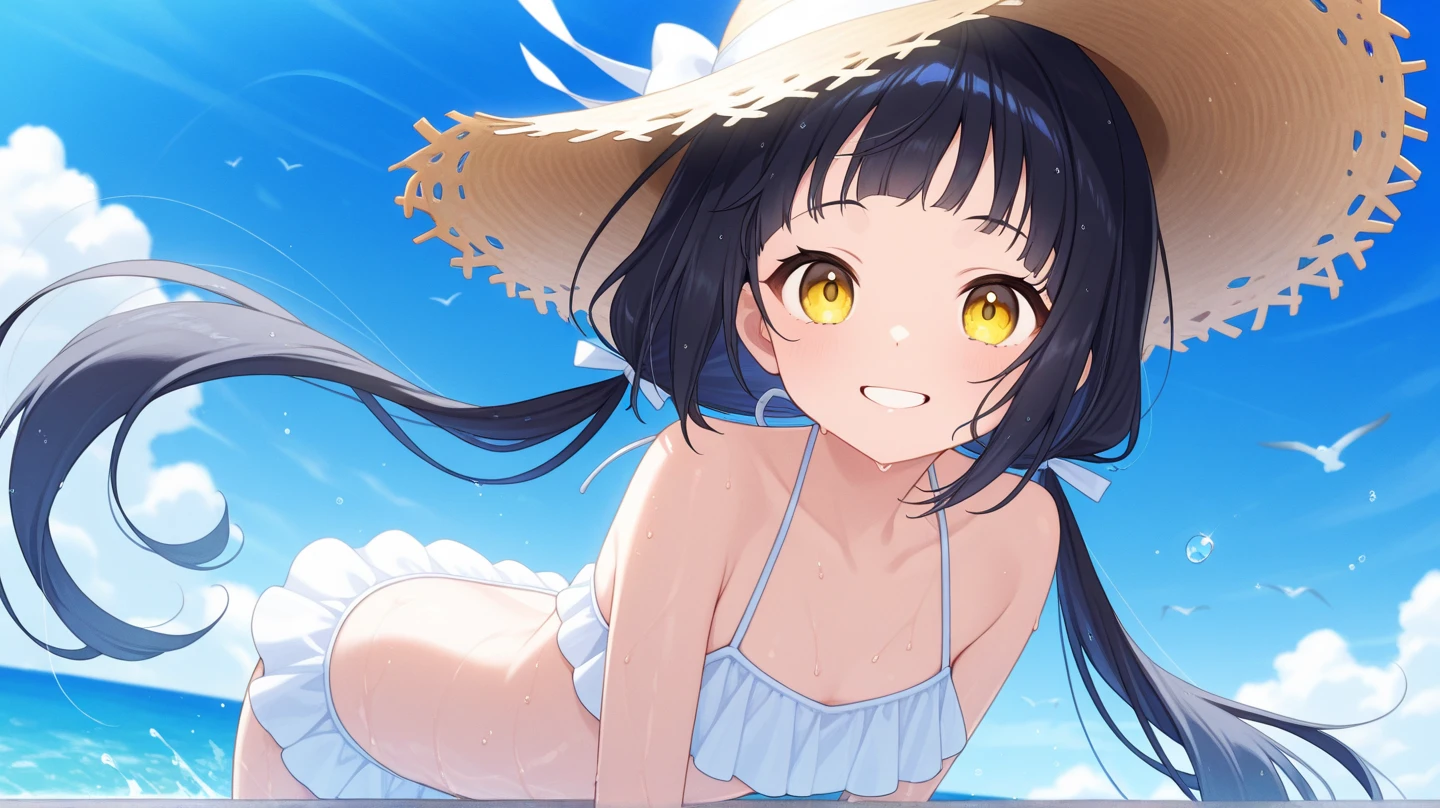 Photorealistic、Highest quality、Highest Resolution、Highest quality、８Ｋ、One beautiful woman、Cute face、Bob cut hair、Dark Hair Color、Wet Hair、Pale blue eyes、Beautiful breasts、Frilled bikini、Well sunny beach、corn、cornを食べる、smile、